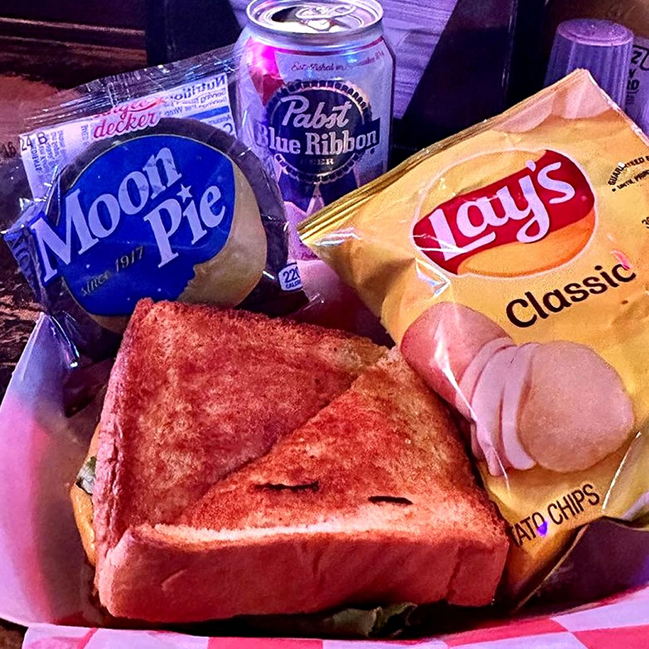 The Recession Special: Bologna Sandwich, Chips, Moon Pie and PBR Beer